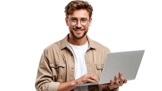 The Smiling Tech Wizard: A charismatic man, sporting spectacles and a genuine smile, holds a laptop, poised for a technological adventure. He represents the modern blend of brains and charm.