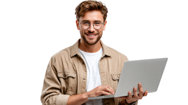 The Smiling Tech Wizard: A charismatic man, sporting spectacles and a genuine smile, holds a laptop, poised for a technological adventure. He represents the modern blend of brains and charm.