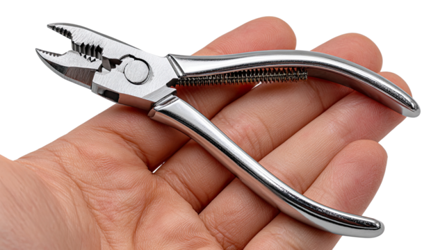 Precision Grip: A close-up shot of a chrome pliers, expertly held in an open hand, showcasing its metallic gleam and intricate design.