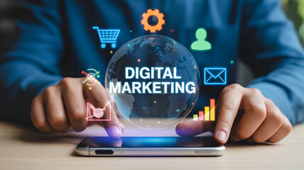 Engage global audiences with dynamic digital marketing strategies and analytics visualized on a smartphone interface