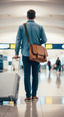 Business traveler walking through modern airport terminal with suitcase and shoulder bag, ready for departure and boarding