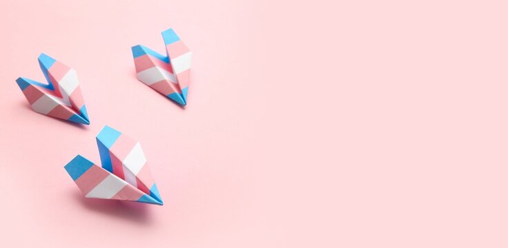 Paper planes in colors of transgender flag on pink background with space for text