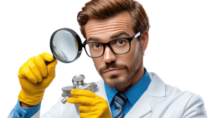 Precision Inspection: A focused expert, clad in protective gear, meticulously examines a component with a magnifying glass, illustrating an emphasis on scrutiny and detailed examination.