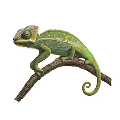 Obraz premium A green chameleon perched on a branch. its unique anatomy and color patterns. against a plain background. ideal for educational and wildlife-related content