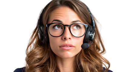Contemplative Support Agent: A focused support agent with glasses and a headset appears lost in thought, possibly seeking a solution.