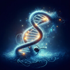 Abstract Molecular Biology Art: A Vibrant Supercoiled DNA Strand in a Surreal Genetic Landscape