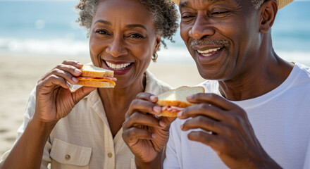 Smiling seniors enjoying fresh sandwiches together at the beach on a sunny day, sharing laughter and a relaxing outdoor meal