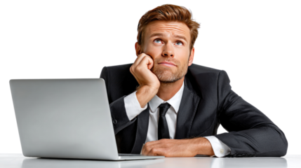 Business Professional in Thoughtful Reflection: A focused business professional, leaning thoughtfully, is depicted alongside his laptop, as he contemplates innovative concepts and strategies.