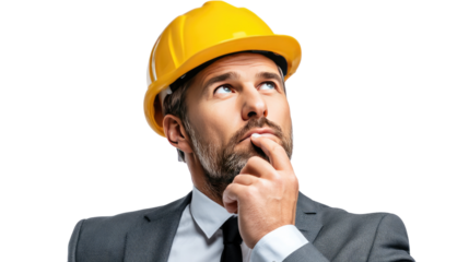 Contemplative Engineer: A thoughtful engineer wearing a hard hat, lost in contemplation, his gaze fixed upwards as he ponders the challenges that lie ahead.