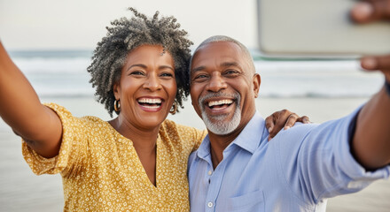 Smiling mature couple embracing while taking a selfie together on a beach, enjoying a sunny day with happiness and connection