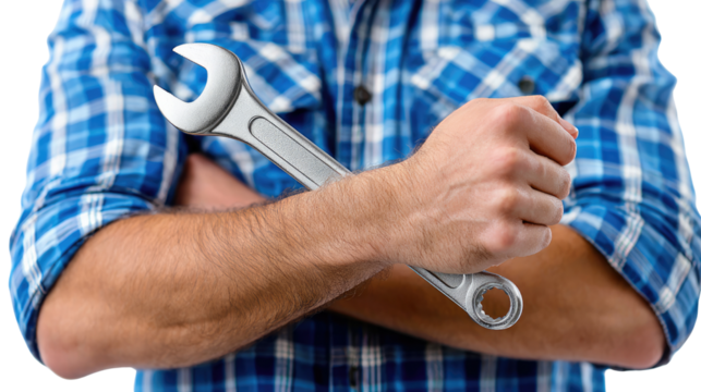 The Mechanic: A skilled mechanic, standing confidently with arms crossed, firmly grips a gleaming wrench, ready for any challenge in the workplace.