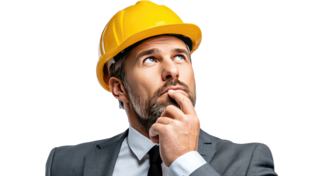 Contemplative Engineer: A thoughtful engineer wearing a hard hat, lost in contemplation, his gaze fixed upwards as he ponders the challenges that lie ahead.