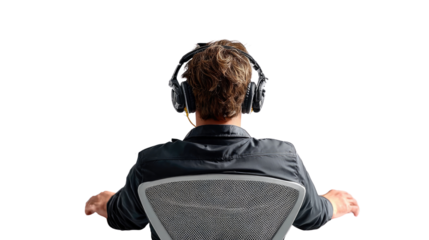 Immersive Sonic Escape: A solitary individual is engrossed in their audio sanctuary, wearing expansive headphones. Capturing the essence of solitude, focus, and the profound world of sound.