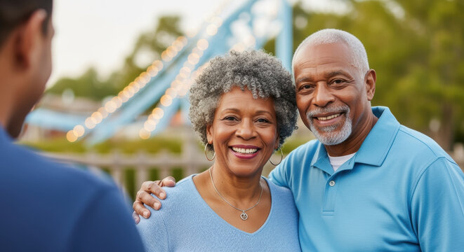 Happy senior couple enjoying a sunny day outdoors together, smiling and embracing in a cheerful and relaxed park atmosphere