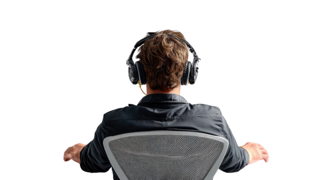 Immersive Sonic Escape: A solitary individual is engrossed in their audio sanctuary, wearing expansive headphones. Capturing the essence of solitude, focus, and the profound world of sound.