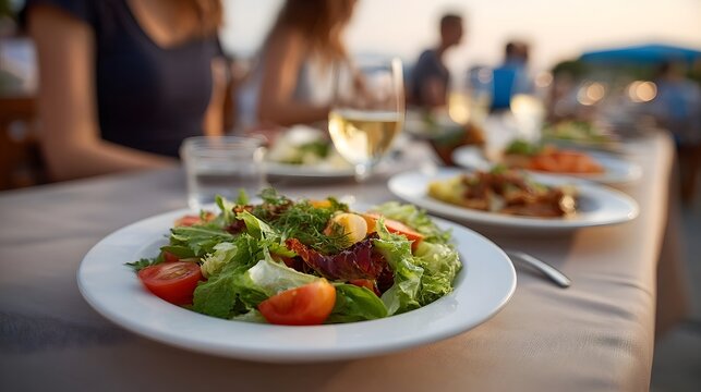 Outdoor dining at sunset with a fresh salad and wine