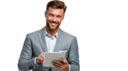 Successful professional using digital Tablet: An attractive male professional, immaculately dressed in a suit, exudes confidence and expertise while interacting with a tablet.