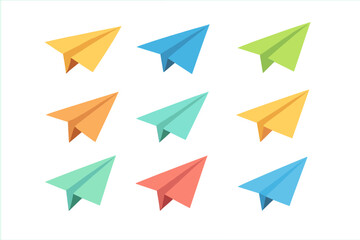 Colorful paper airplanes flying in formation isolated on white background