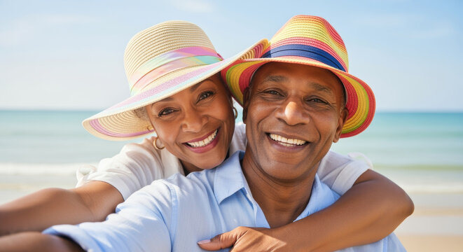 smiling mature couple enjoying a sunny day at the beach with colorful hats, embracing happiness and summer relaxation together