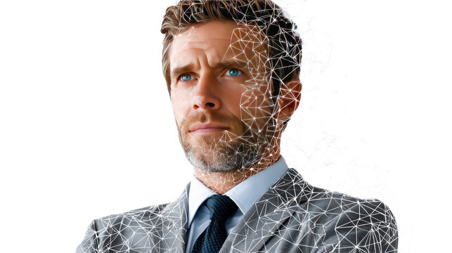Digital Integration: A striking visual representation of technological advancement and human interface, a man's face merges with a network of digital connections.