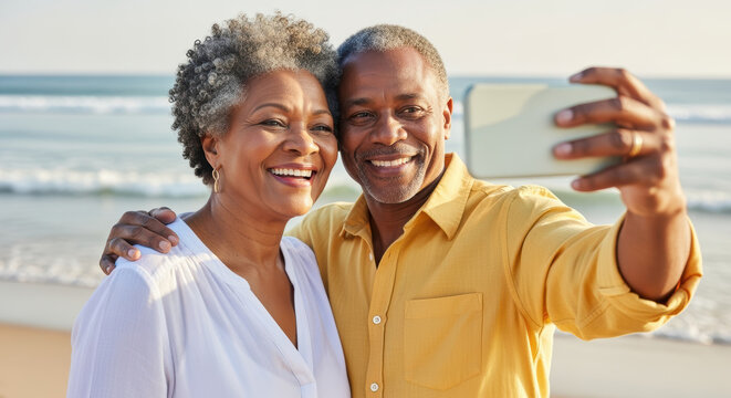 Joyful senior couple taking a selfie together on a sunny beach, embracing and smiling with ocean waves in the background