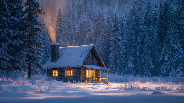 Cozy log cabin glows warmly amidst a serene snow-covered forest at dusk - Powered by Adobe