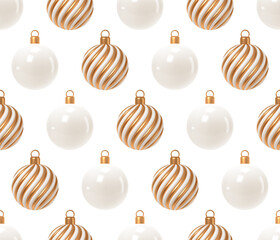 Seamless Pattern of 3D Elegant Golden and White Christmas Ornaments. Modern Minimalist Festive Holiday Design for Luxury Backgrounds and Winter Celebrations.
