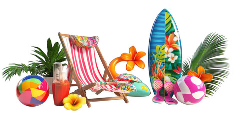 A beach scene featuring a colorful surfboard. a deck chair adorned with tropical patterns. beach balls. a refreshing drink. and lush greenery. evoking a cheerful summer atmosphere
