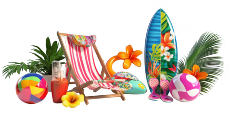 A beach scene featuring a colorful surfboard. a deck chair adorned with tropical patterns. beach balls. a refreshing drink. and lush greenery. evoking a cheerful summer atmosphere