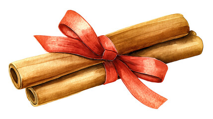 Two hand-painted cinnamon sticks tied with a red ribbon, isolated on a transparent background. Festive watercolor illustration ideal for seasonal design, packaging, and advertising.