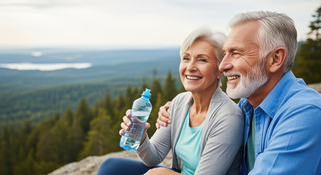 Active senior couple enjoying a mountain hike together with smiles, sitting on rocks, hydrating and admiring scenic forest views