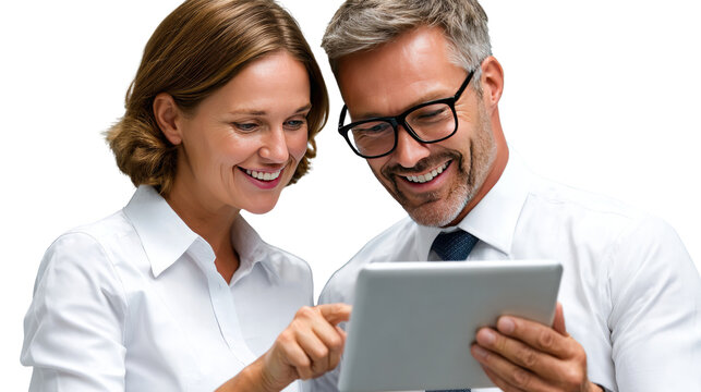 Digital Collaboration: Two professionals connect, engaged in an earnest conversation as they review information on a digital tablet, demonstrating the seamless power of technology.