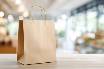 Kraft paper bag mockup on wooden table