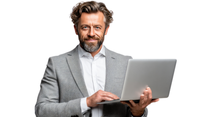 Confident Professional: A distinguished individual, exuding confidence, holds a sleek laptop, perfectly portraying contemporary business and tech.