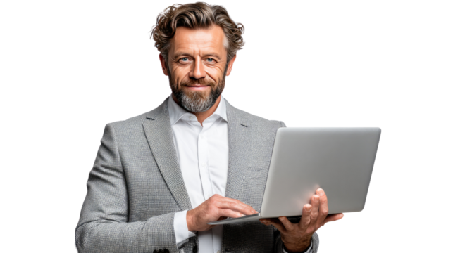 Confident Professional: A distinguished individual, exuding confidence, holds a sleek laptop, perfectly portraying contemporary business and tech.