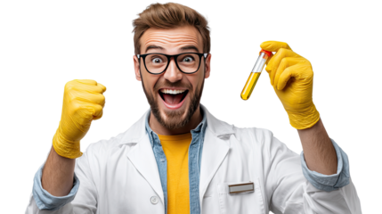 Eureka Moment: A scientist in a lab coat is beaming with exhilaration, holding a test tube with a golden liquid in one hand and the other in a fist.