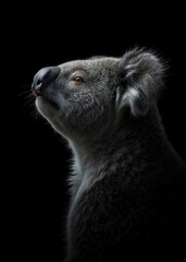 Fototapeta premium Striking Koala Portrait Looking Upwards, Side View, Close-Up, Dramatic Low Key Lighting, Dark Background, Australia, Wildlife