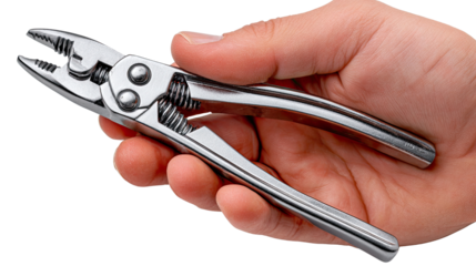 Hand Holding Metal Pliers: The image showcases a close-up of a hand firmly gripping a set of metal pliers, highlighting the tool's metallic sheen and intricate design.