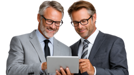 Business Discussion: Two accomplished businessmen, engrossed in a focused discussion, huddle over a sleek tablet device, embodying collaboration and strategic thinking.