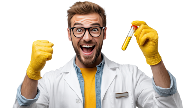 Eureka Moment: A scientist in a lab coat is beaming with exhilaration, holding a test tube with a golden liquid in one hand and the other in a fist.