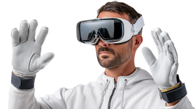 Immersive Tech Experience: A man dons a VR headset and gloves, gesturing in a digital world, embodying the future of technology and interactive experience.