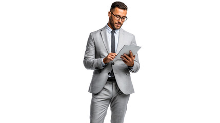 Focused Executive with Tablet: A sharply dressed business professional, sporting glasses, engages intently with a tablet. The image conveys focus, intelligence, and modern business practices.