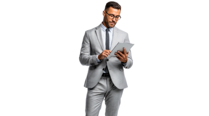 Focused Executive with Tablet: A sharply dressed business professional, sporting glasses, engages intently with a tablet. The image conveys focus, intelligence, and modern business practices. 