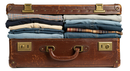 Vintage leather suitcase filled with neatly folded denim jeans and shirts, showcasing classic travel and packing organization