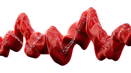 Red Wave of Innovation: An abstract design featuring a flowing red ribbon intertwined with a network of interconnected points, suggesting ideas, data, and the dynamic nature of innovation.