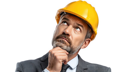 Engineer in Contemplation: An engineer in a yellow hard hat thoughtfully gazes upwards, pondering a critical project detail, a furrowed brow betraying deep concentration.