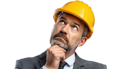 Engineer in Contemplation: An engineer in a yellow hard hat thoughtfully gazes upwards, pondering a critical project detail, a furrowed brow betraying deep concentration.