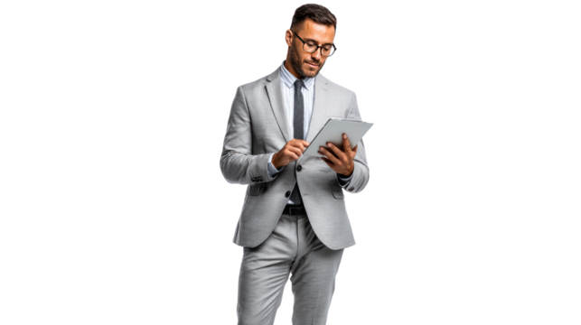 Focused Executive with Tablet: A sharply dressed business professional, sporting glasses, engages intently with a tablet. The image conveys focus, intelligence, and modern business practices. 
