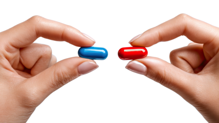 Pills in Hand: A close-up shot presents a pivotal choice between red and blue pills held delicately between fingers, hinting at a metaphoric decision