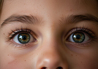Close up of child's wide green eyes with natural light highlighting facial features, long eyelashes, and expressive emotion